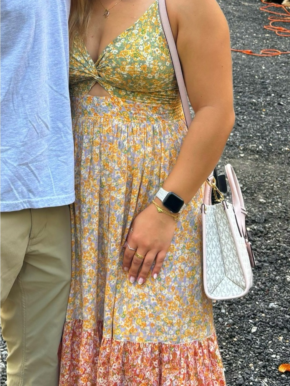 Yellow Floral Tiered Maxi Dress with Twist Front